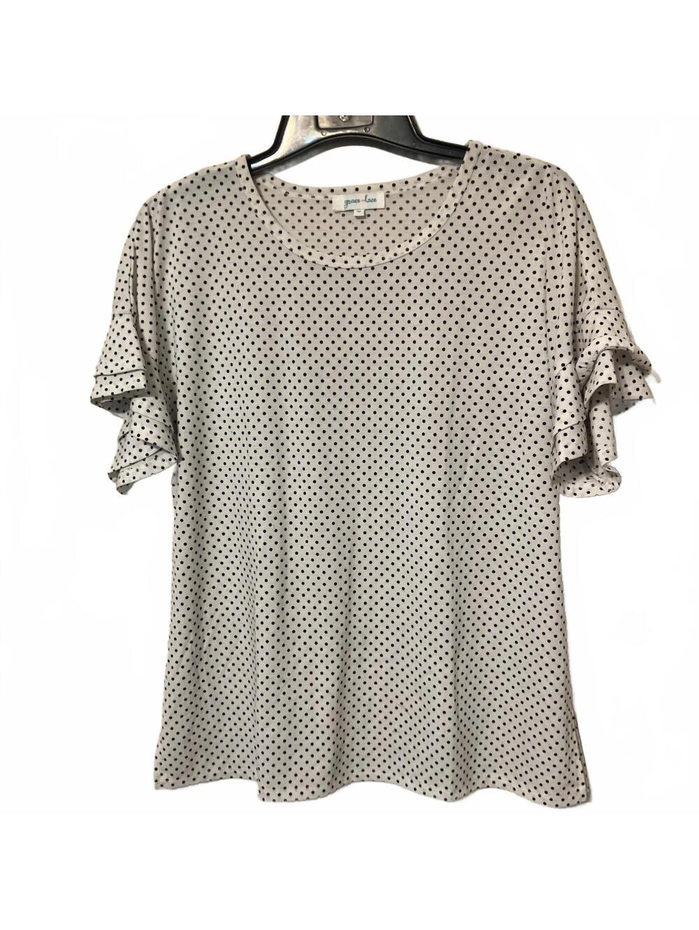 Grace & Lace White Romantic Polka Dot Cottagecore Flutter Sleeve Top Medium